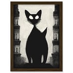 Doppelganger33 LTD Giant Black Cat Le Chat Noir City Monochrome Illustration Artwork Framed Wall Art Print A4