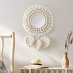 Miroir Mural à Franges en macramé, Pendentif en Plumes de Perles de Bois Miroir Rond d'art Mural pour Couloir De Chambre à Coucher Salon(Beige)