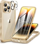 CENHUFO Coque iPhone 14 Pro, avec Protection écran Verre Trempé et Protecteur Caméra [9H Dureté] 360° Antichoc Housse Téléphone Etui Double Face Case Intégrale Coque pour iPhone 14 Pro - Beige/Or