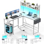 Devoko LED Bureau Gaming 120 * 140CM,Bureau d'angle avec Rangement, Bureau Informatique PC en Forme L déformable avec Sac de Rangement, avec 2 Chargeur USB, 2 Prises, Jouer et Travailler,Blanc