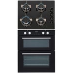 SIA 60cm Black Built Under Double Electric Fan Oven & 4 Burner Gas On Glass Hob