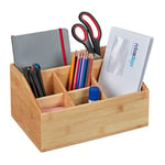 Relaxdays Desk Organiser, Bamboo, 6 Compartments, Pen Holder Office and Home, H x W x D 14 x 28 x 20 cm, Natural