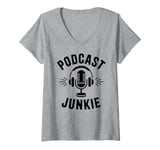 Womens Podcast Junkie Mic Headphones Retro Podcast Lover V-Neck T-Shirt