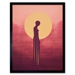 Sunrise Solitude Minimalist Artwork Plum Pink Gold African Woman Silhouette in Golden Sun Halo Art Print Framed Poster Wall Decor 12x16 inch