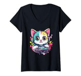 Womens Cute Cat Gaming Headphones Controller Fun V-Neck T-Shirt