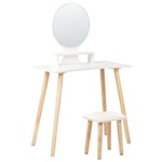 Coiffeuse Blanche en Bois Miroir et Tabouret Plateau Fin Pieds Bois d'Hévéa Tou