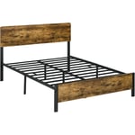 Lit double design industriel - tête de lit, pied de lit et sommier - compatible matelas 190L x 140l cm - acier noir aspect bois clair