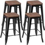 Lot de 4 Tabourets de Bar, Tabouret Bistrot en Fer avec Siege en Bois, Chaise Haut Empilable avec Repose-Pieds pour Bar Bistro Cuisine Cafe Comptoir,