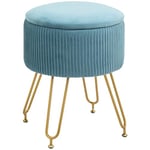 HOMCOM Pouf Rangement 13,5 L Pouf Salon Tabouret de Coiffeuse en Velours avec Pieds en Acier, Repose Pied Rond jusqu'à 110 kg, pour Couloir, Chambre, Salon, Bleu Clair