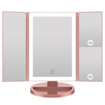 WEILY Miroir Maquillage, Miroir Grossissant Lumineux avec 1X/2X/3X, Miroir LED Maquillage Pliable avec Écran Tactile et Réglable à 180 Degrés, Support USB et Batterie (Or Rose)