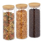 Relaxdays Jars in Set of Three, Bamboo Airtight Lids, 1600ml Each, Dry Food Storage, Glass, Transparent/Brown, Set of 3