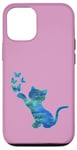 Coque pour iPhone 13 Chat violet bleu cyan et papillon sur fond rose foncé