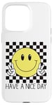 Coque pour iPhone 15 Pro Max Have a Nice Day, sourire rétro des années 70, visage souriant à carreaux