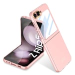 Miimall Compatible with Samsung Galaxy Z Flip 5 Case with Screen Protector, Hard PC Shell Shockproof Ultra-Thin Full Coverage Bumper Wireless Charging Supported Case Cover for Galaxy Z Flip 5-Pink