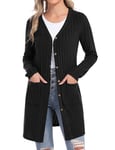 Aottori Gilet Long Femme Manche Longue Tricoté Léger Devant Ouvert Cardigan Elegant Décontracté Printemps Automne avec Poches Noir L