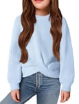 Arshiner Filles Pulls Mode Enfants Col Rond Pull Tricoté Automne Hiver Loisirs Manches Longues Tops pour Fille 11-13 Ans Bleu Clair