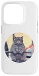 iPhone 14 Pro Cute Grey Fit Muscle Cat Sitting on Gym Lifting Bench Case