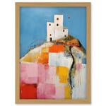 Artery8 House on the Hill Oil Painting Abstract Geometric Patchwork Palette Knife Pastel Colour Rural Landscape Artwork Framed Wall Art Print A4