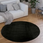 Paco Home Tapis Rond Salon Tapis Poil Ras Moderne Moelleux Lavable Monochrome, Dimension:120 cm Rond, Couleur:Noir