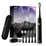 JTF Brosse À Dent Électrique Sonique Adultes avec 6 Têtes de Brosse et Étui de Voyage, Chargeur Rapide sans Fil et Longue Durée, 5 Modes et Minuteur Intelligent, Brosse À Dent Voyage, P200 Noir