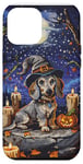 iPhone 15 Pro Max Funny Blue and Cream Dachshund Dog Witch Hat Halloween Men Case