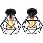 Retro Plafonnier Industrielle Cage Diamant en Metal Fer Lampe pour Salon Cuisine Couloir Noir 2PCS