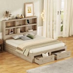 Lit double 160200cm, bois massif, lit plateforme king size avec deux tiroirs au pied du lit, tête de lit avec rangement Okwish naturel