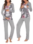 Ekouaer Pyjama d'allaitement pour Femme pour hôpital Manches Longues Modal de Grossesse Ensemble Pyjama 2 pièces Fleurs Gris XL