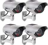 4Pcs Caméra Factice Intérieur Extérieur Solaire, Étanche, Fausse Caméra de Surveillance CCTV avec Lumière LED Rouge Clignotante (Argenté)