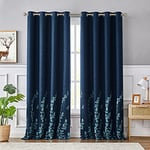 Melodieux Flower Embroidery Linen Textured Curtains for Living Room Bedroom, Blackout Grommet Window Drape, Navy/Blue, 52 by 96 Inch (1 Panel)