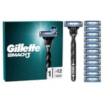 Gillette Mach3 Rasoir Pour Homme, Rasoir À 3 Lames, 1 Rasoir Gillette, 12 Recharges De Lames, Avec Manche En Acier Inoxydable