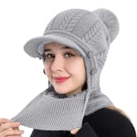 Rayson Bonnet Femme Hiver Doublé Polaire avec Pompon Tricoté Chapeau Chaud et Chic Bonnet Cagoule Femme Cache Cou Protege Oreilles 3 in 1(Gris, Taille Unique)