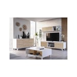 Séjour complet Blanc brillant/Chêne clair - stockton - Meuble tv : l 180 x l 41 x h 51 / Etagère murale : l 180 x l 25 x h 35 cm / Buffet : l 154 x l