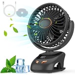 Misilmp USB Clip Fan, Mini Portable Desk Fans with LED Display & Night Light, 5 Speeds 90° Rotatable Battery Powered Desktop Fan 16dB Quiet Table Clip on Fan for Home Office Camping Travel (Black)