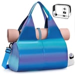 BAGZY Sac de Sport de Couleur Dégradée, Sac de Sport Imperméable Sac de Yoga avec Compartiment Humide et Compartiment à Chaussures, Gym Bag Sac de Weekend Sac de Piscine, Bleu