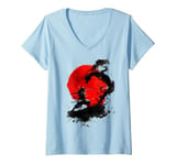 Womens Japanese Samurai Warrior Japanese Dragon Red Moon Japan V-Neck T-Shirt