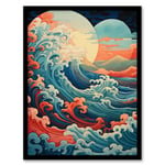 Artery8 Sea Waves Sunset Seascape Painting Pink Red Blue Great Wave Off Kanagawa Stylised Depiction Artwork Framed Wall Art Print A4