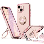 XYZ Coque pour iPhone 14, avec Double Anneau de Support Cœur, avec Lanière pour Filles et Femmes, Coque de Protection de Luxe Mignonne et Scintillante pour iPhone 14, Rose