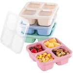 NIXRET 4 Pcs Snack Boxes with Lids, 4 Compartments 4 Colours - Green/Blue/Pink/White, Reusable Meal Prep Lunch Boxes for Kids and Adults, Divided Food Storage Boxes for School, Work and Travel