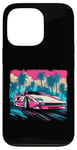 Coque pour iPhone 13 Pro Voiture de sport rose palmiers bleus et ciel rose et bleu