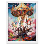 Magical Carousel in Rainbow Clouds Bright Bold Vibrant Fantasy Kids Bedroom Baby Nursery Artwork Framed Wall Art Print A4