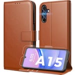 Peakally Coque pour Samsung Galaxy A15 5G/4G [ Verre Trempé Protection *1 ] [ Blocage du Signal RFID ] [ Premium PU ] [ Pochette de Portefeuille ] Etui à Rabat pour Samsung A15 5G/4G, Marron