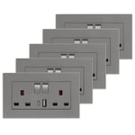 5 Pack CNBINGO Double Switched Power Socket with Dual USB Charging Ports (Type A and C), Grey 13 Amp Electric Wall Socket