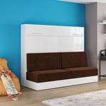 Armoire lit escamotable VERTIGO SOFA façade blanc brillant canapé marron couchage 160*200 cm