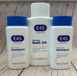 E45 Bundle, Emollient Bath Oil 500ml & 2 x 200ml E45 Dry Scalp Shampoo Exp 07/25