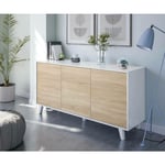 Buffet Arvada, Buffet moderne avec 3 portes et étagères, Buffet de cuisine, Buffet design de salon, cm 154x40h75, Blanc brillant et blanc, avec