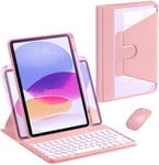 Étui Avec Clavier Rotatif Pour Ipad 9e/8e/7e Génération 10,2"", Étui Vertical Pour Ipad 9/Ipad 8/Ipad 7 Avec Clavier Et Souris Amovible, Coque Transparente Avec Porte-Crayon, Rose