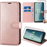 Fodral + 2 härdade glasögon för Samsung Galaxy A15 5G-4G Rosa, stötsäkert PU-läderskydd med korthållare