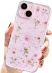 AMART Coque pour iPhone 15 Fleurs, Transparente avec Véritables Fleurs Séchées, Transparente avec Motif Pailleté, Coque de Protection en Silicone Souple pour iPhone 15 (Gypsophile Rose)