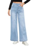 Roskiky Jean pour femme - Taille haute - Pull On Mom - Jean extensible - Taille haute - Pantalon tendance - Couture avant - Jean ample des années 90, Bleu lac, L